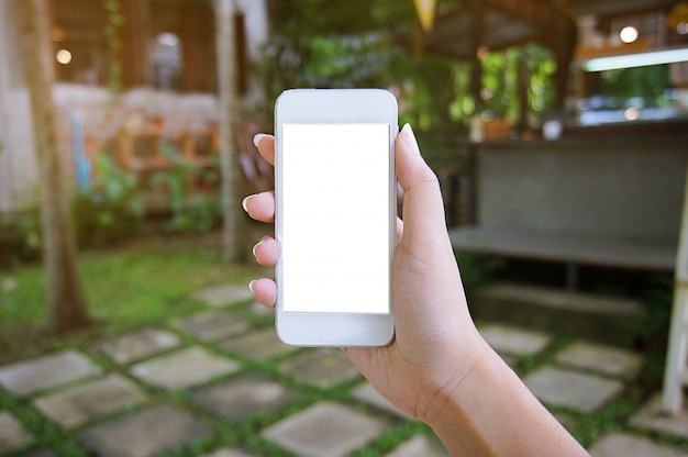 Primo piano delle mani delle donne in possesso di cellula telefono vuoto spazio copia dello schermo. telefono astuto con concetto di tecnologia.