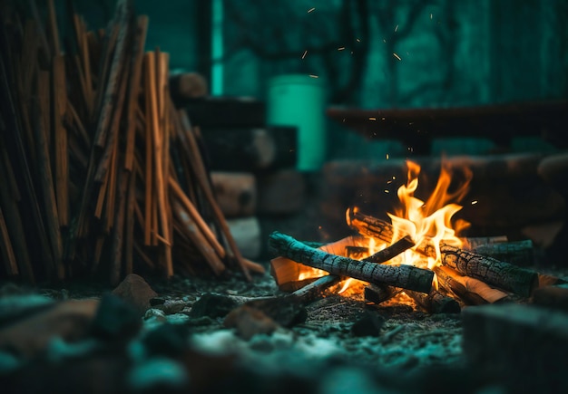 A close up of wood near a campfire