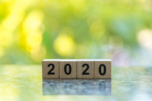 Close up of wooden 2020 number block toy on ground with bokeh green leaf nature 