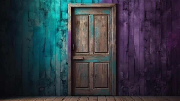 A close up of a wooden barn with a rusty hook and a blue and purple paintgenerative ai