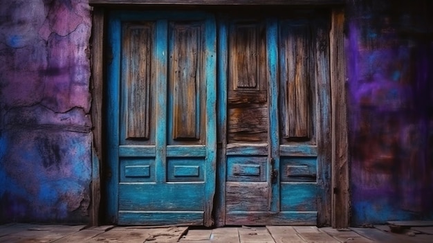 A close up of a wooden barn with a rusty hook and a blue and purple paintgenerative ai