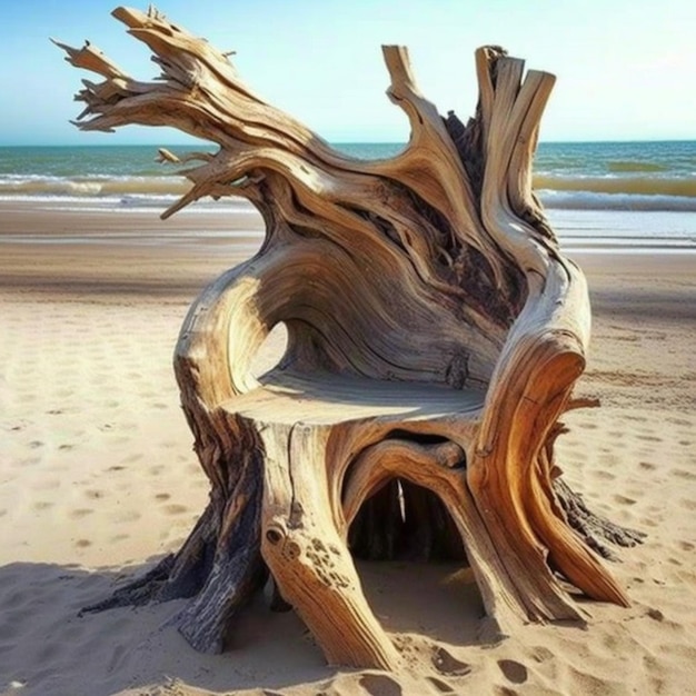 A close up of a wooden bench on a beach near the ocean generative ai