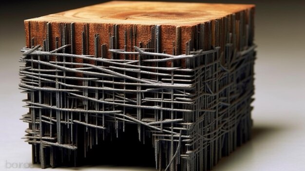 A close up of a wooden block with barbed wire wrapped around it generative ai