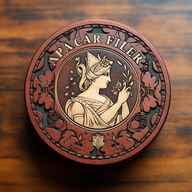 a close up of a wooden box with a picture of a woman holding a flower generative ai