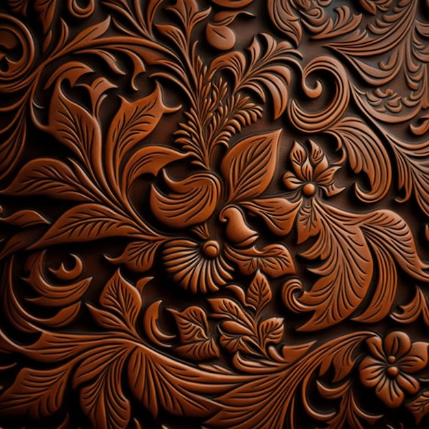 A close up of a wooden carving of a flower and leaves generative ai