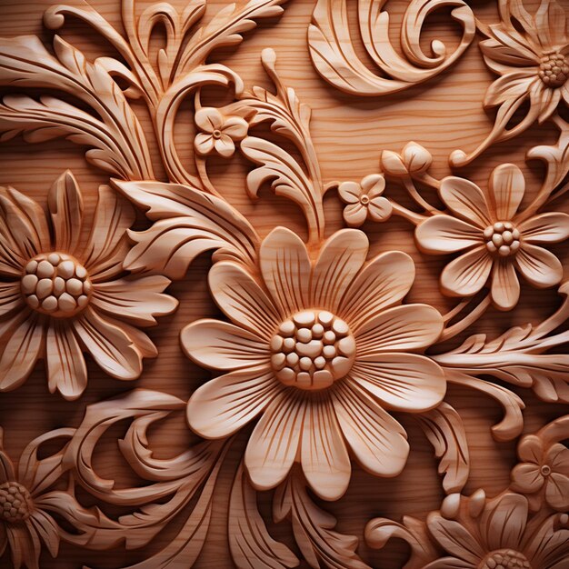 A close up of a wooden carving of flowers and leaves generative ai