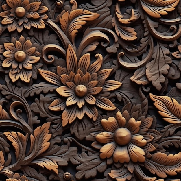 A close up of a wooden carving of flowers and leaves generative ai