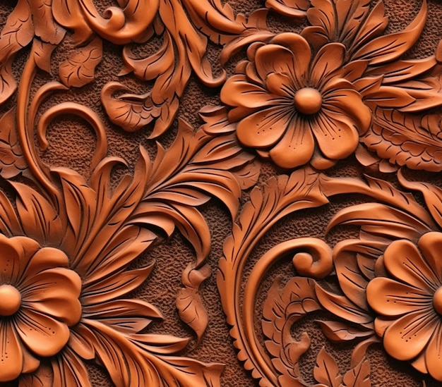 A close up of a wooden carving of flowers and leaves generative ai