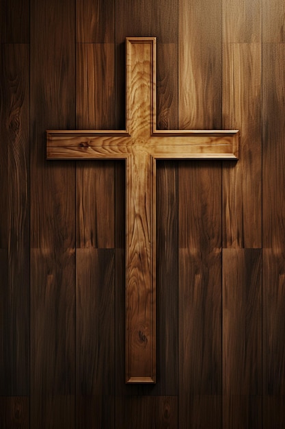 A close up of a wooden cross on a wall with a wooden floor generative ai