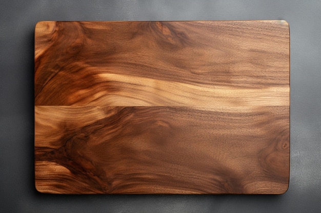 close up wooden cutting board from above on grey background