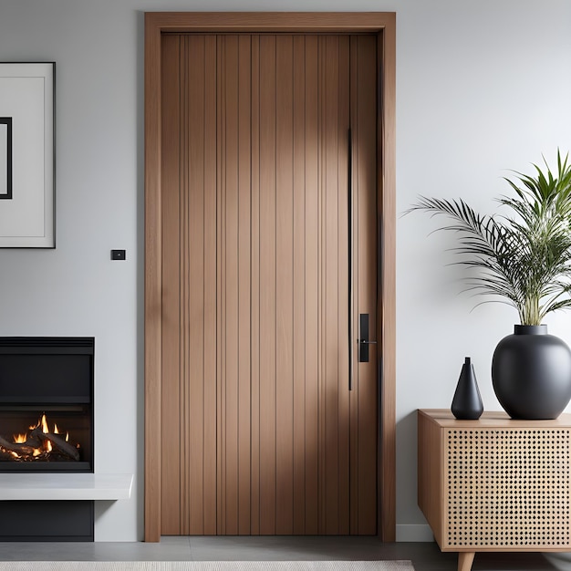 Photo close up of wooden door minimalist scandinavian home interior design of modern living room