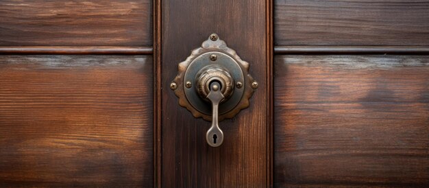 Close up of wooden door with keyhole and doorknob visible