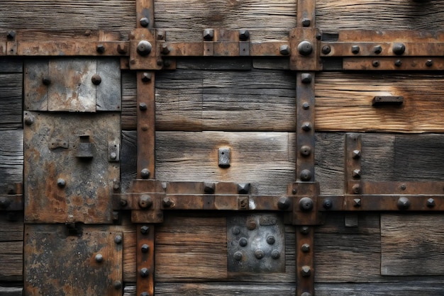 A close up of a wooden door with rivets and bolts