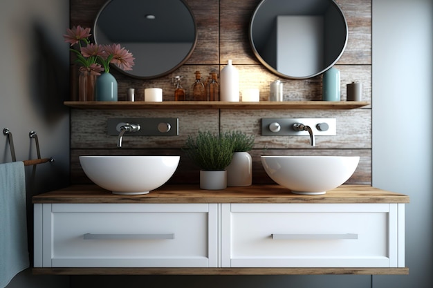 A close up of a wooden double sink on a white shelf is shown inside a bathroom with a painted wood wall a model