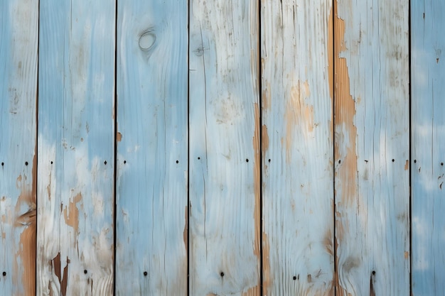 a close up of a wooden fence with a blue paint Generative AI