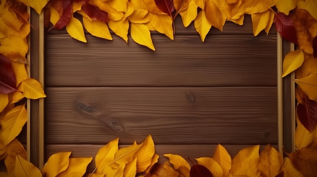 a close up of a wooden frame with autumn leaves on it generative ai