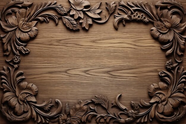 Foto un primo piano di una cornice di legno con fiori e foglie generative ai