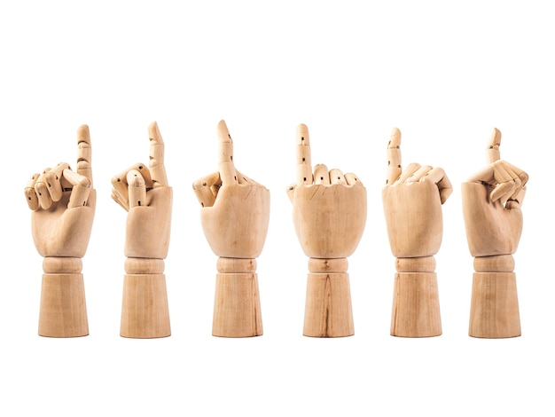 Close-up of wooden hands against white background