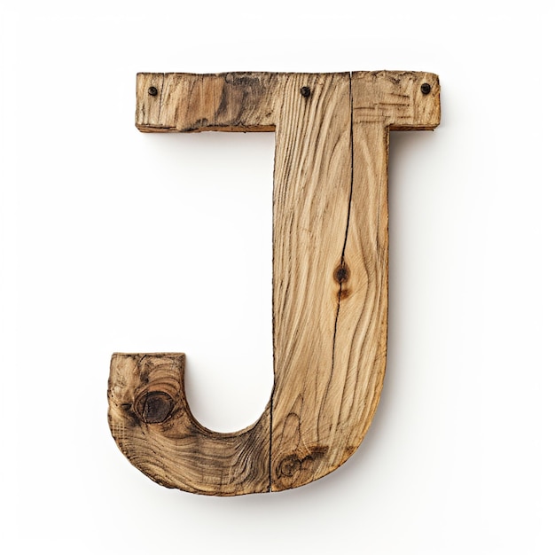 白い背景の木製の文字 j のクローズアップ