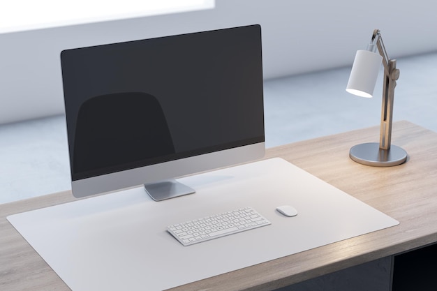 Close up of wooden office desk top with empty computer monitor\
and rfeflections lamp and keyboard on blurry background 3d\
rendering