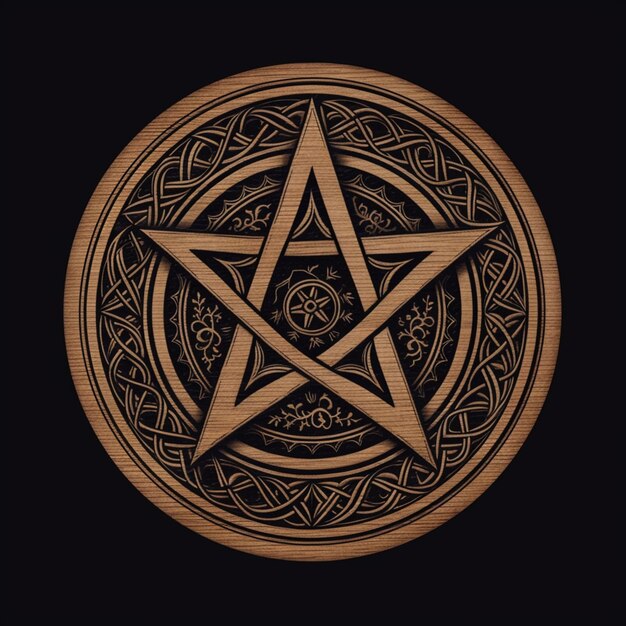 Photo a close up of a wooden pentagram with a star on it generative ai