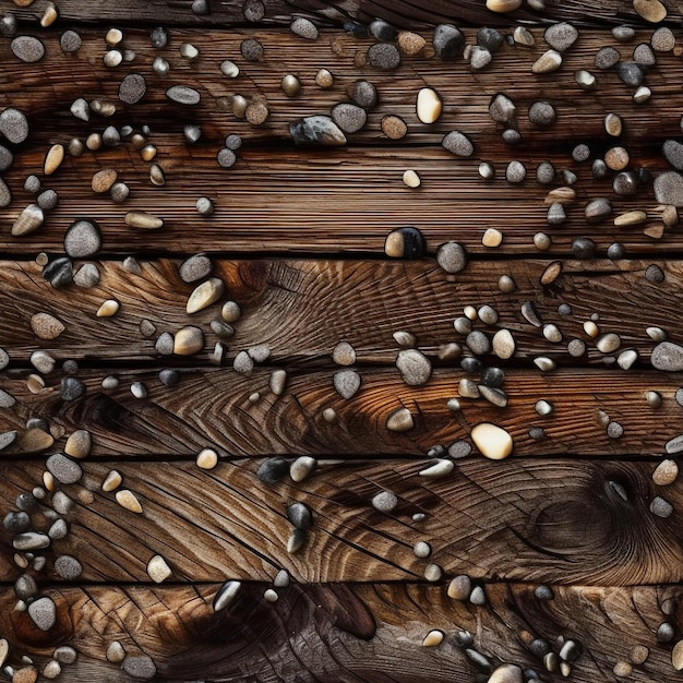 A close up of a wooden plank with pebbles on it.