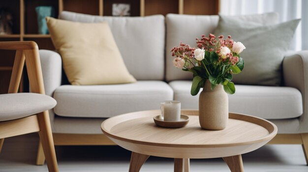 Photo close up of wooden round coffee table near beige