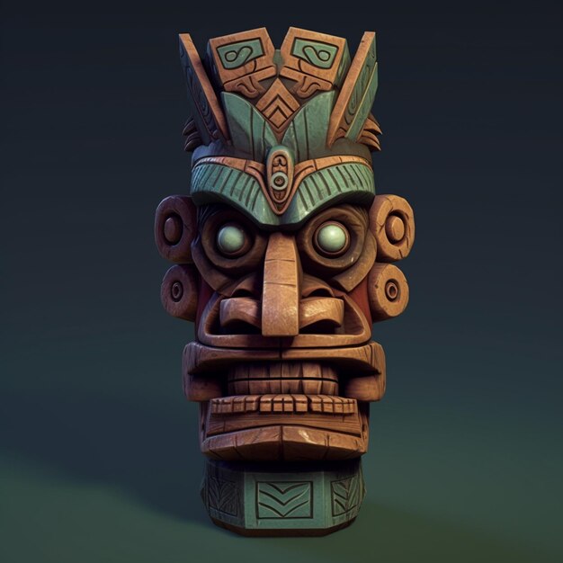 a close up of a wooden statue with a green background generative ai