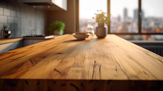 Close up of wooden table in modern kitchen interior with city view