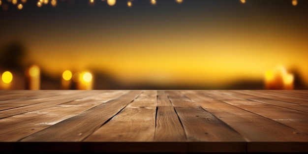 a close up of a wooden table with candles in the background generative ai