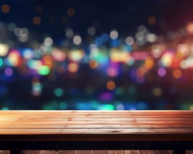 Foto un primo piano di un tavolo di legno con una città sullo sfondo