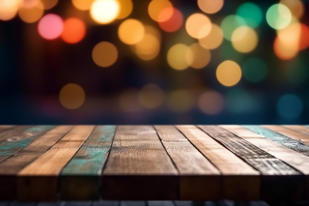 A close up of a wooden table with a colorful blurry background