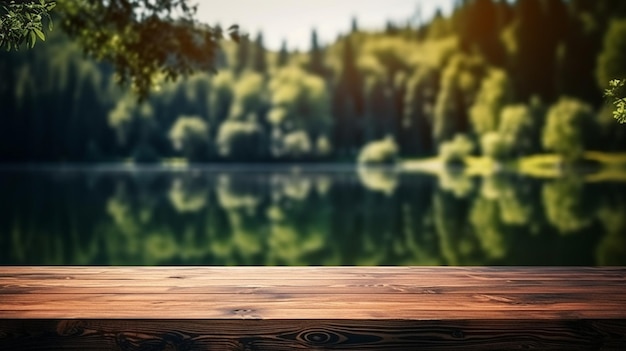 a close up of a wooden table with a lake in the background generative ai