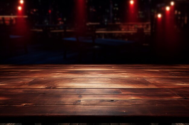 A close up of a wooden table with red lights in the background generative ai