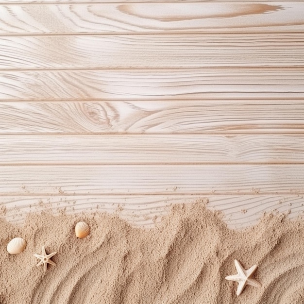 貝と海星を描いた木製のテーブルのクローズアップ