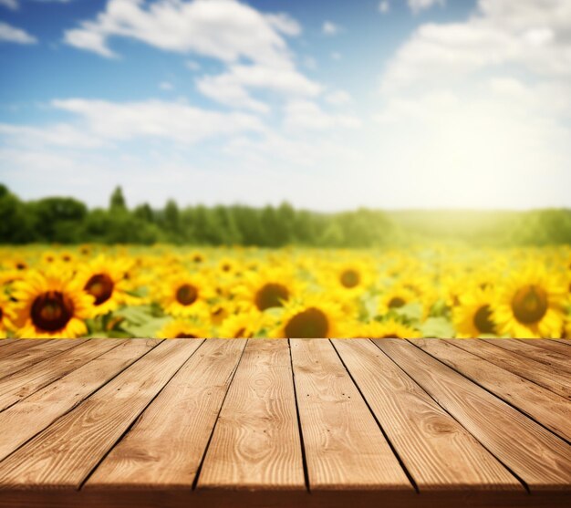 A close up of a wooden table with a sunflower field in the background generative ai