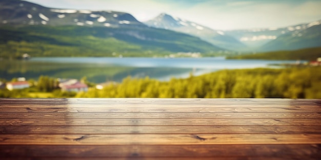 Photo a close up of a wooden table with a view of a lake generative ai