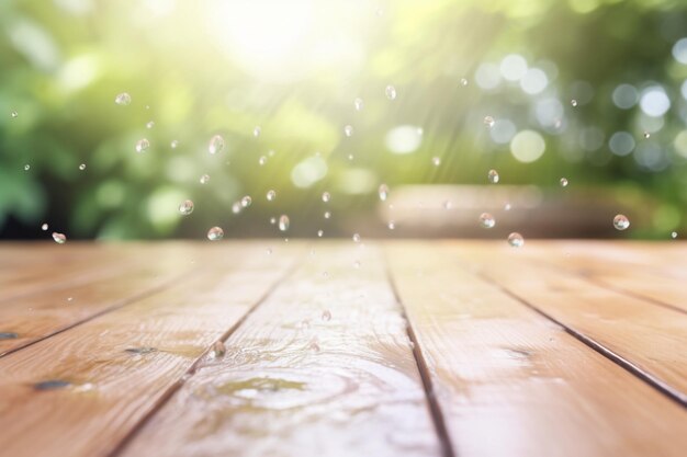 Photo a close up of a wooden table with water droplets falling off it generative ai