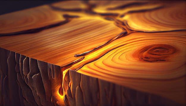 A close up of a wooden table with a yellow light on it.