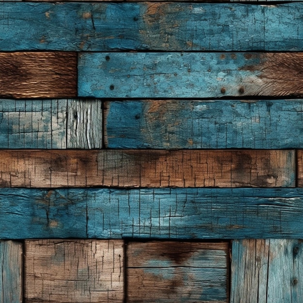 A close up of a wooden wall with a blue and brown color generative ai