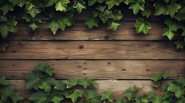 A close up of a wooden wall with green leaves on it generative ai