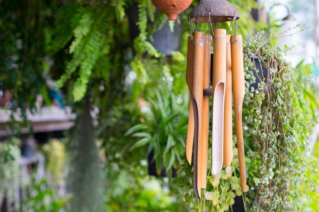 Photo close up on a wooden wind chime