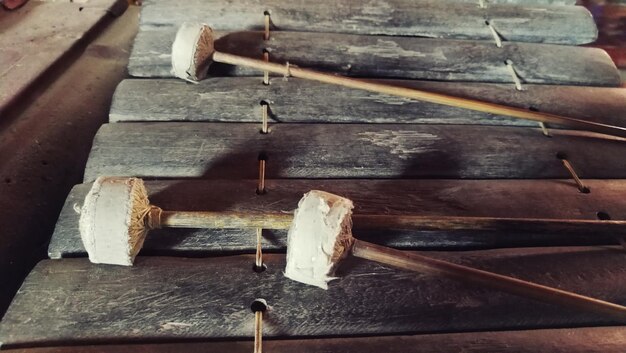 Close-up of wooden xylophone on table