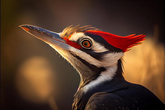 A close up of a woodpecker with a large beak and red eyes