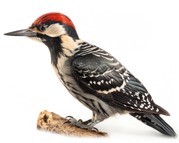 A close up of a woodpecker with a white background