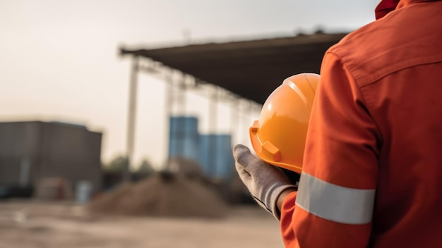 close up a worker is holding safety helmet close to the body with construction site in background