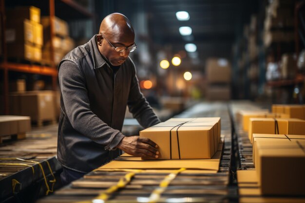 Close up a worker moving Package Boxes on Pallet in Warehouse hands visible AI Generated