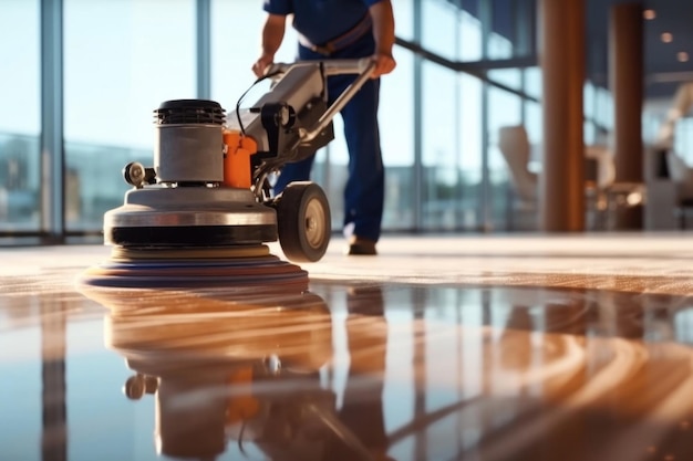 Close up of worker polishing hard floor with high speed polishing machine