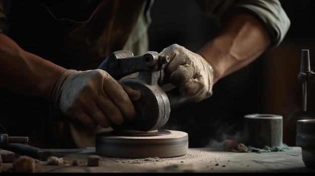 Close up worker using grinder