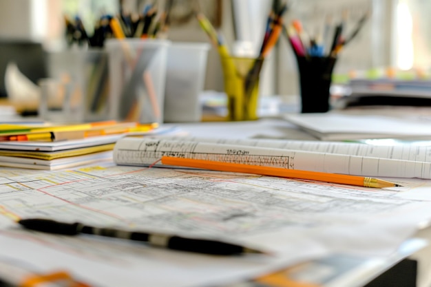 close up of worktable with reports and plans